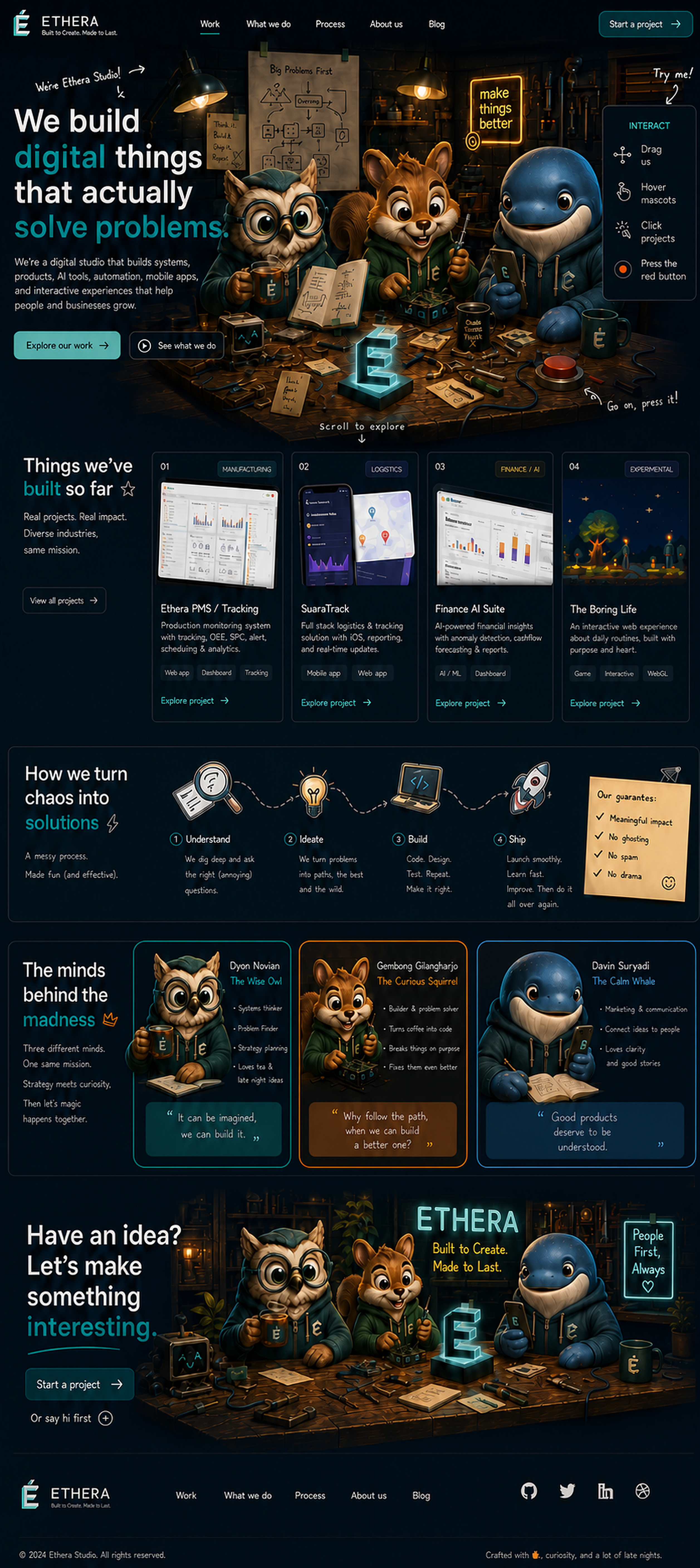 Ethera portfolio: a dark playful digital workshop featuring Dyon Novian, Gembong Gilangharjo, and Davin Suryadi